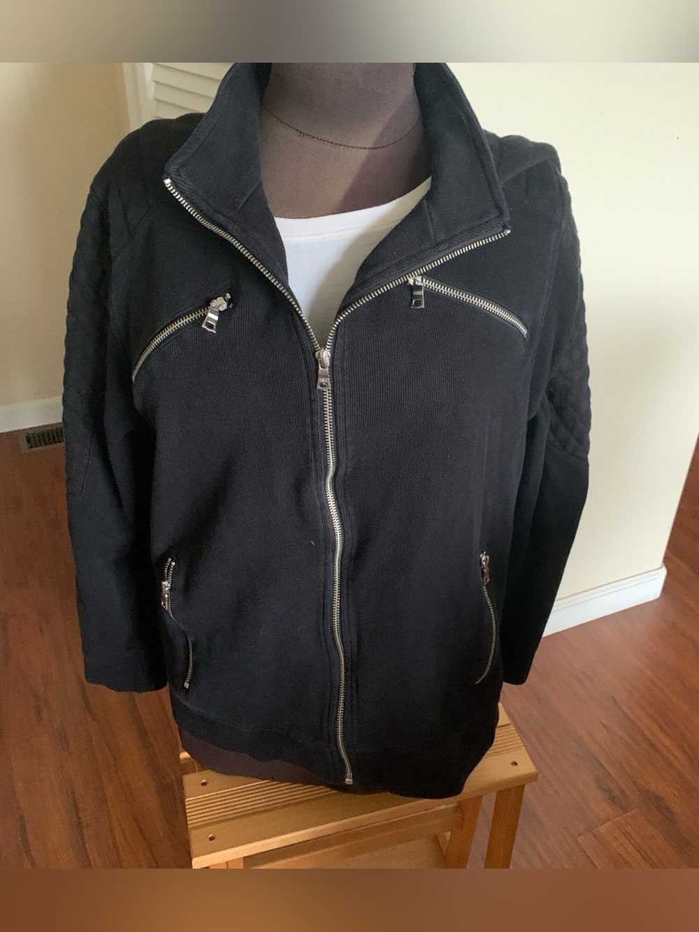 INC International Concepts Black Zip-Front Bomber Jacket with Quilted Sleeves